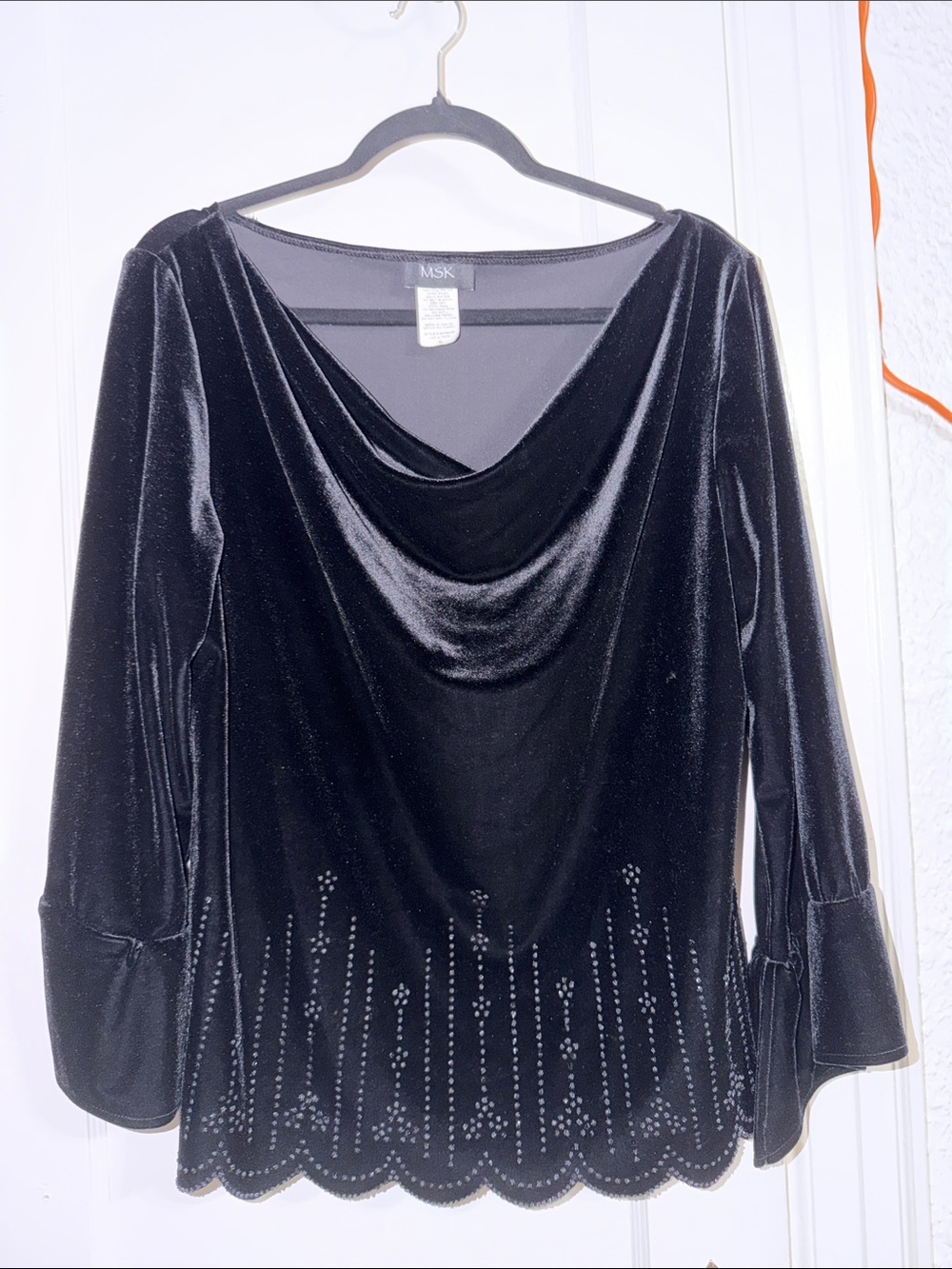 MSK Black Velvet Cowl Neck Blouse with Studded Hem